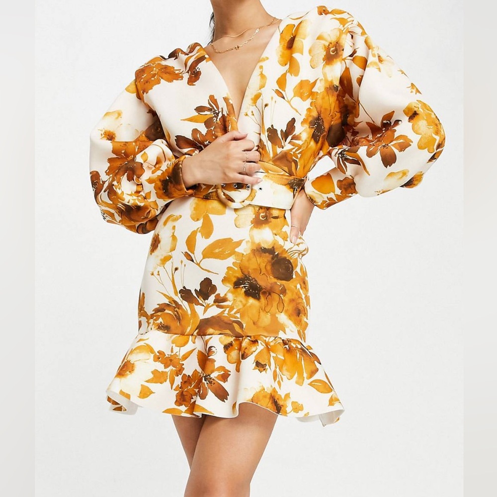 ASOS DESIGN plunge pep hem belted mini dress in yellow floral